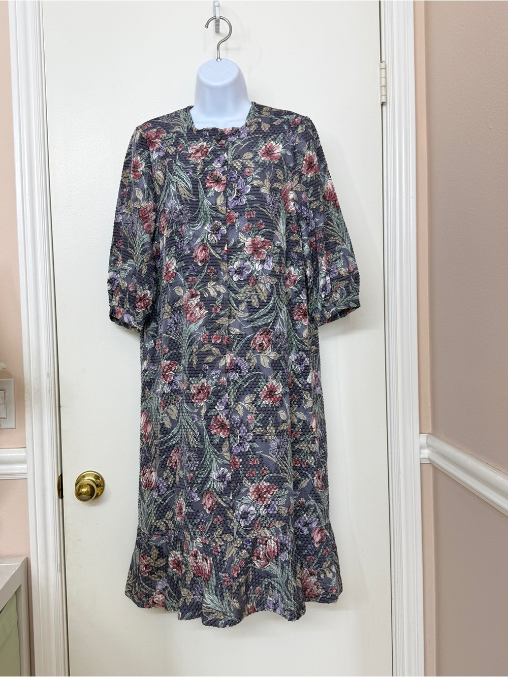 Vintage 90s Floral Midi Dress Lined 3/4 Sleeve Button Front Size M L